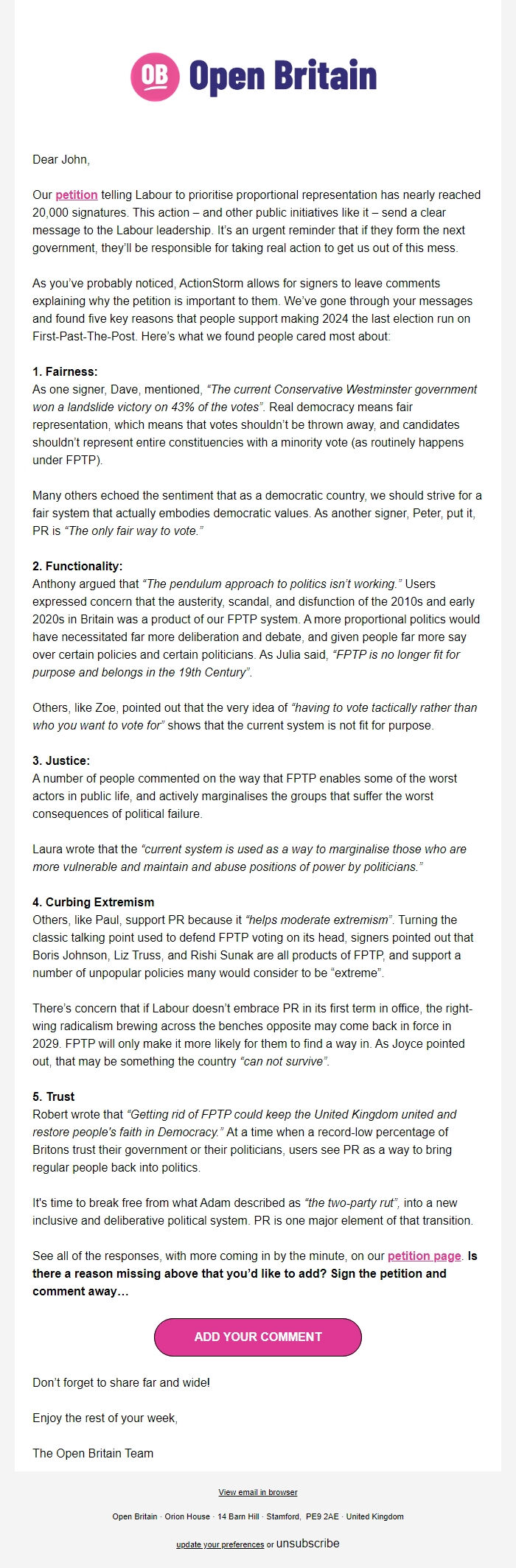 Screenshot of the email generated on import