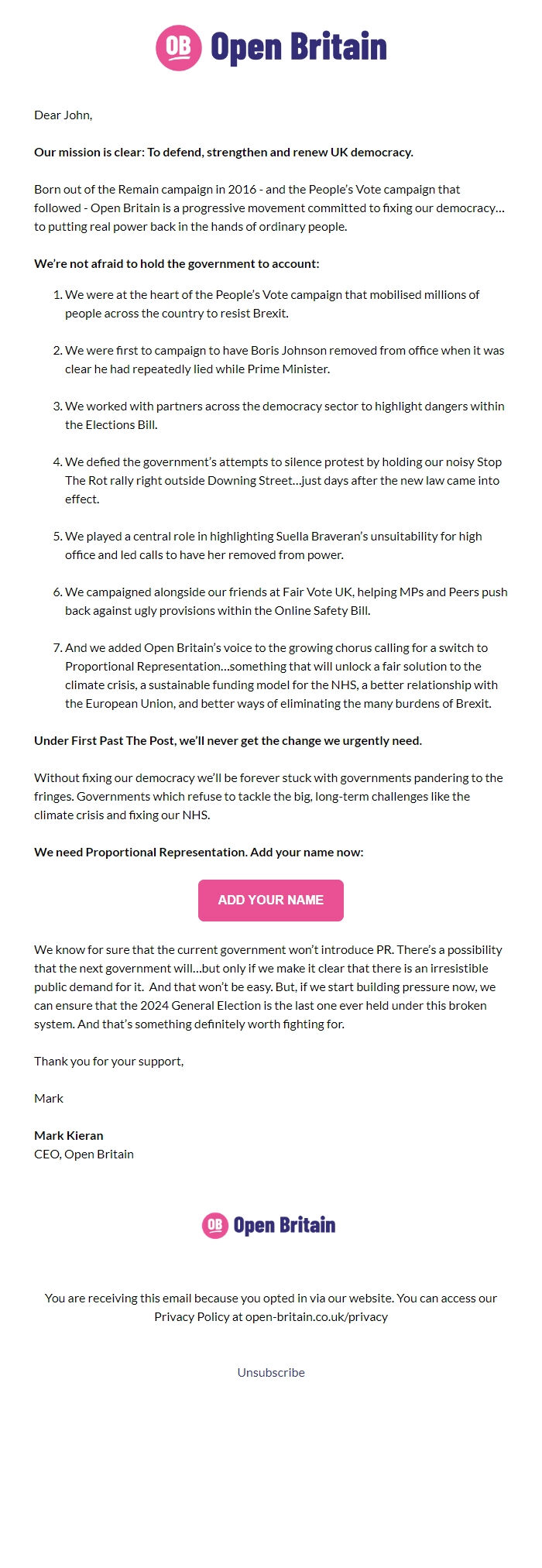 Screenshot of the email generated on import