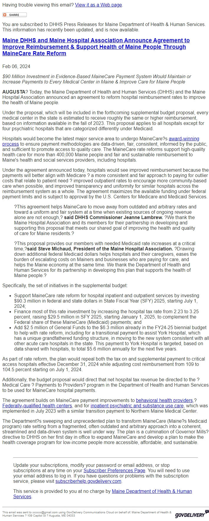 Screenshot of the email generated on import