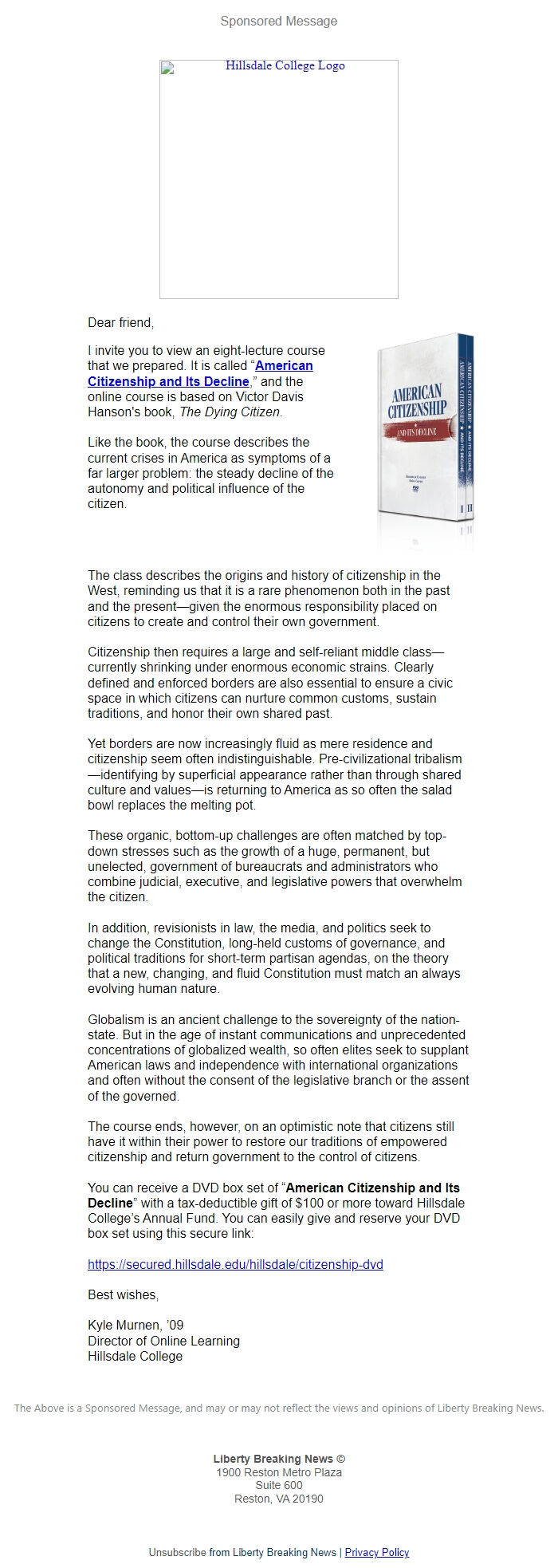 Screenshot of the email generated on import