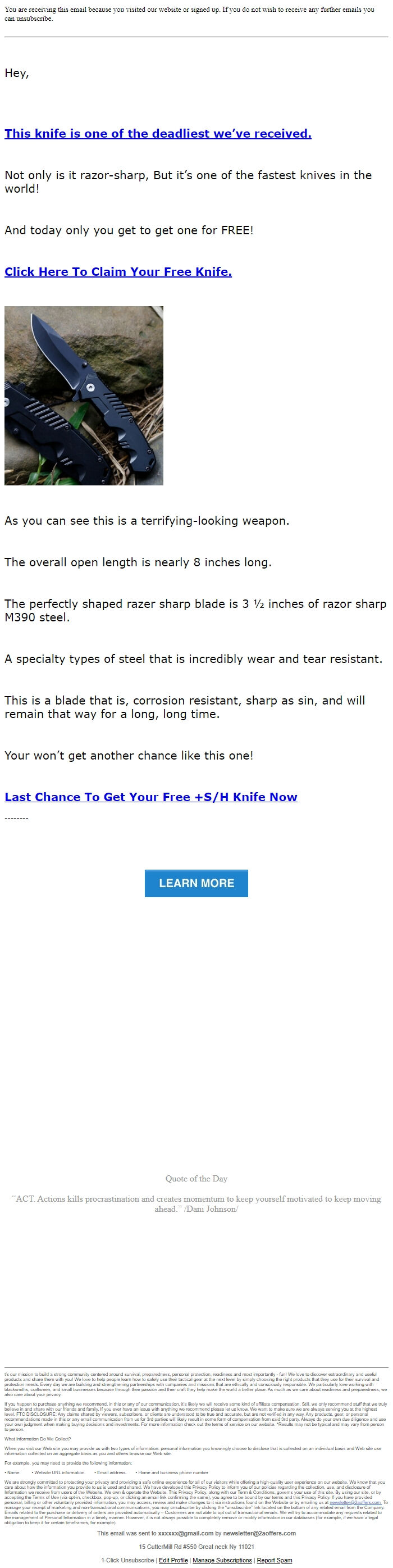 Screenshot of the email generated on import