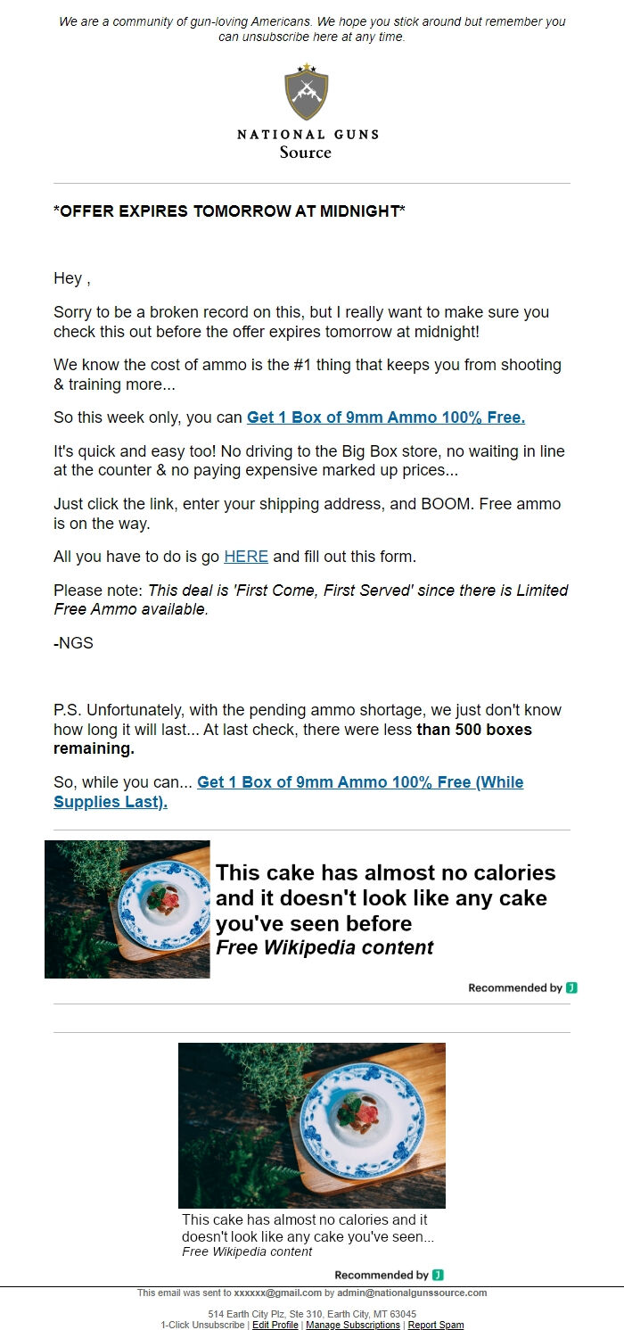 Screenshot of the email generated on import