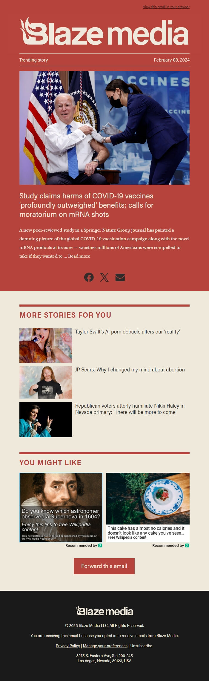 Screenshot of the email generated on import