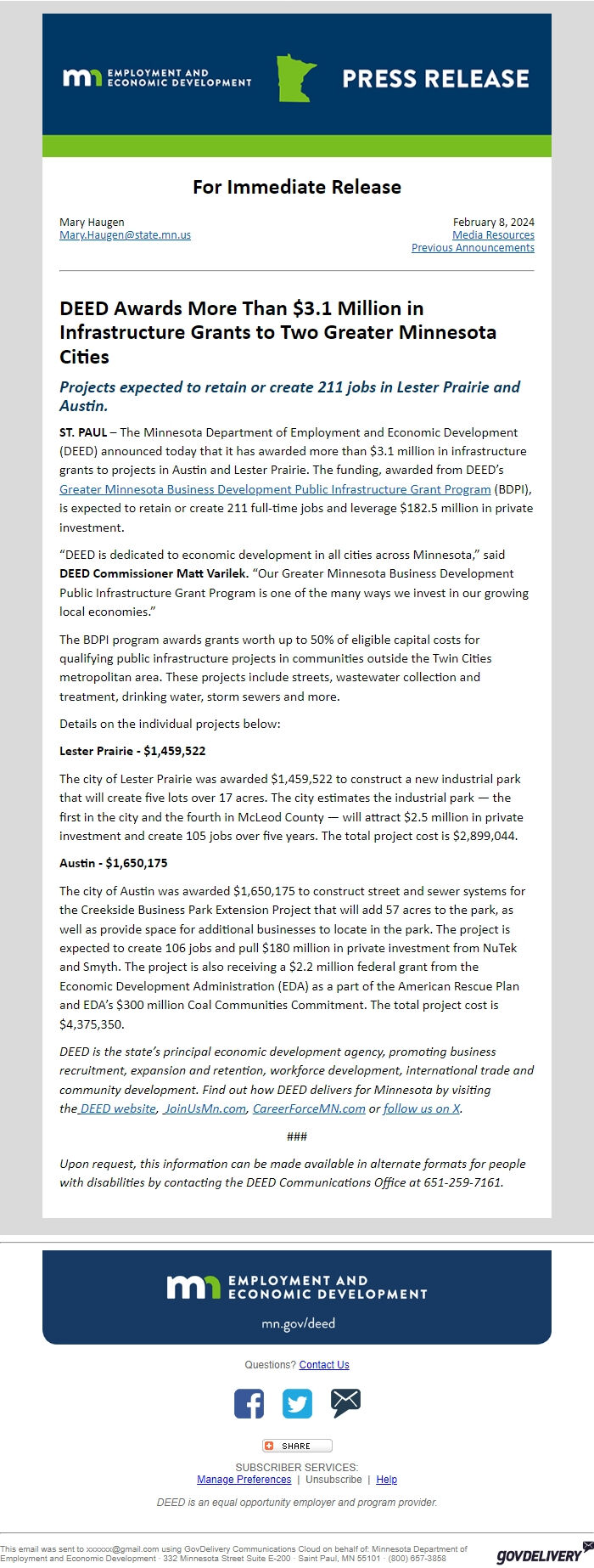 Screenshot of the email generated on import