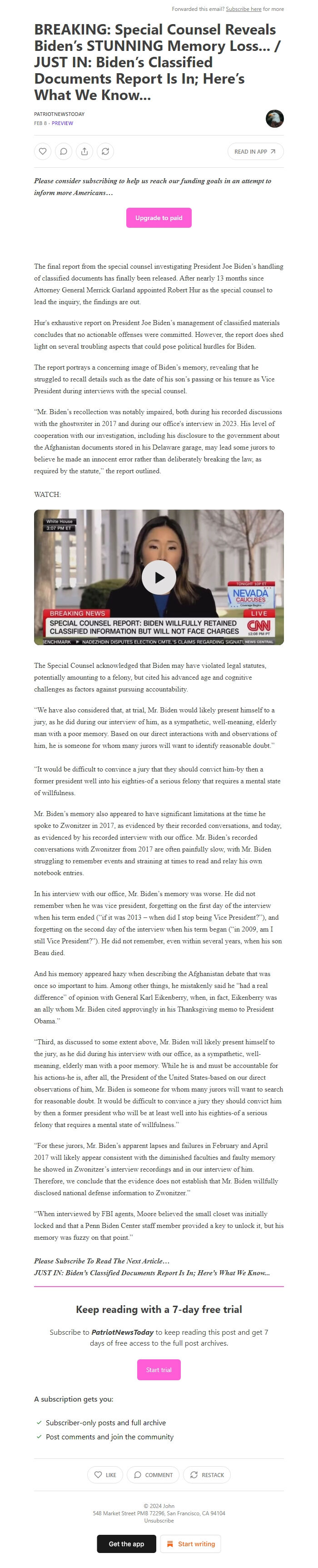 Screenshot of the email generated on import