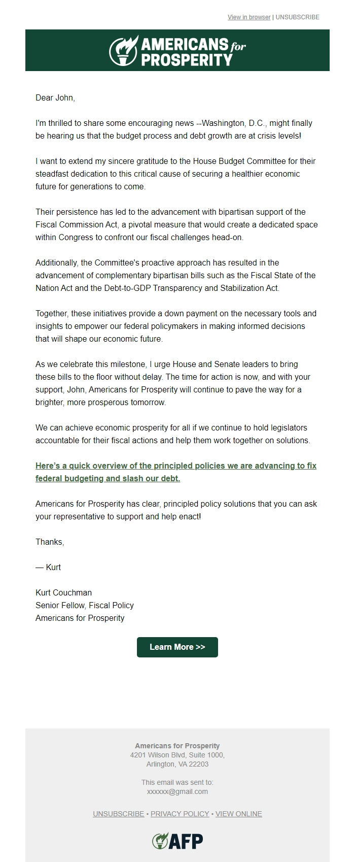 Screenshot of the email generated on import