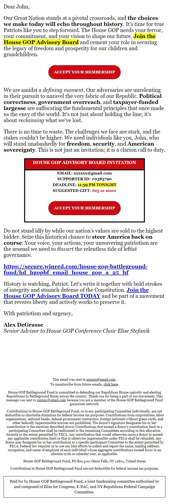 Screenshot of the email generated on import