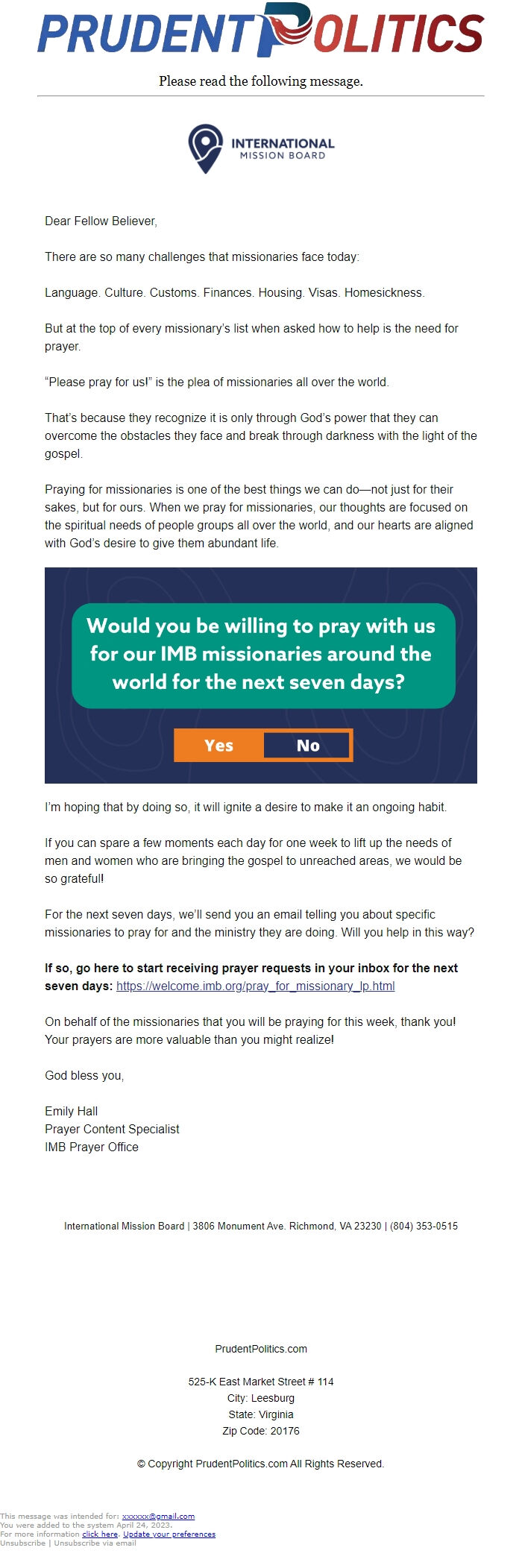 Screenshot of the email generated on import