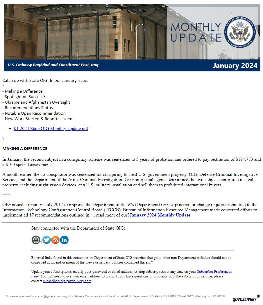 Screenshot of the email generated on import