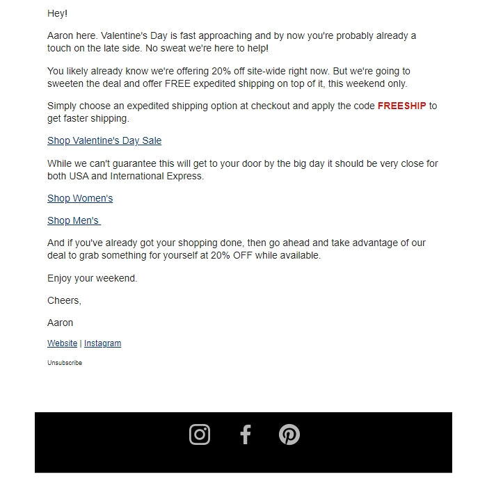 Screenshot of the email generated on import