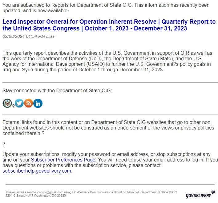 Screenshot of the email generated on import