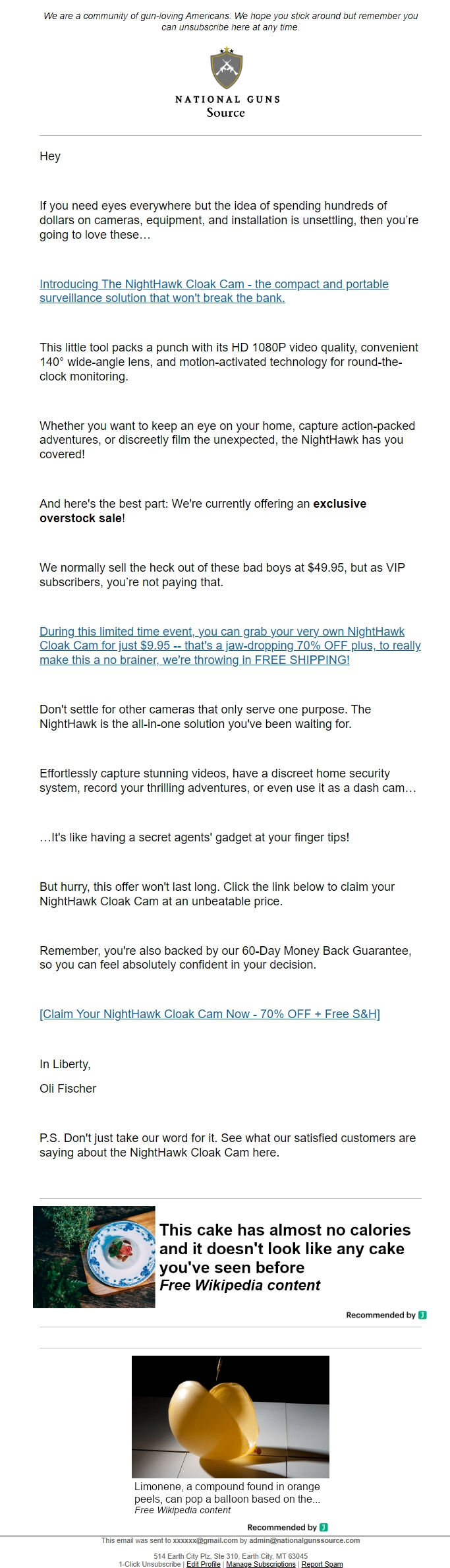 Screenshot of the email generated on import