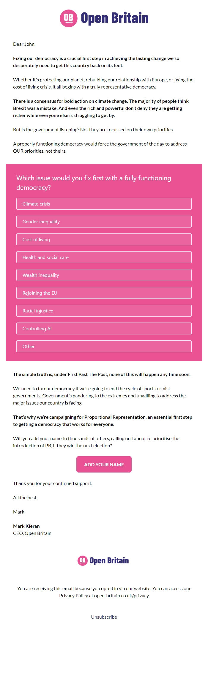 Screenshot of the email generated on import