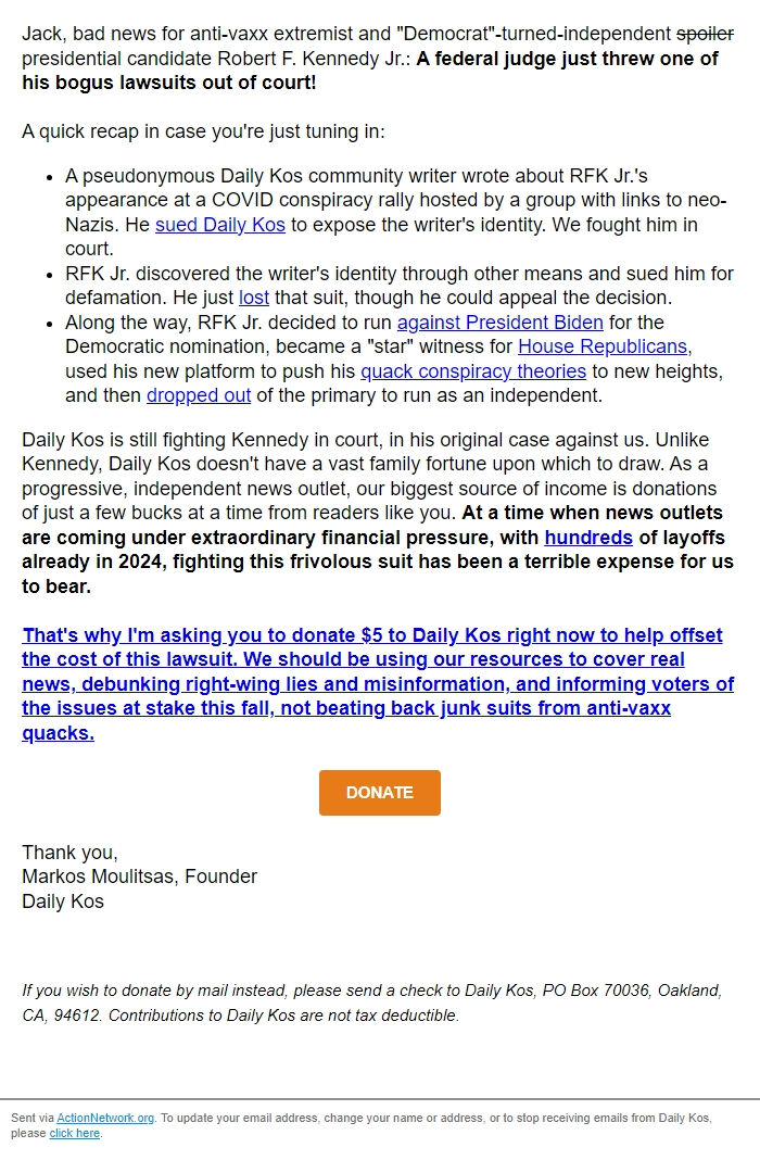 Screenshot of the email generated on import
