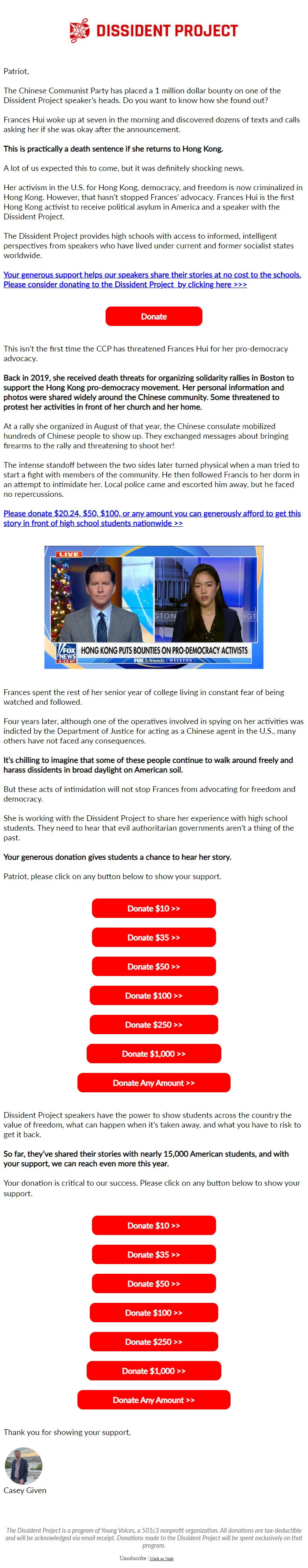 Screenshot of the email generated on import
