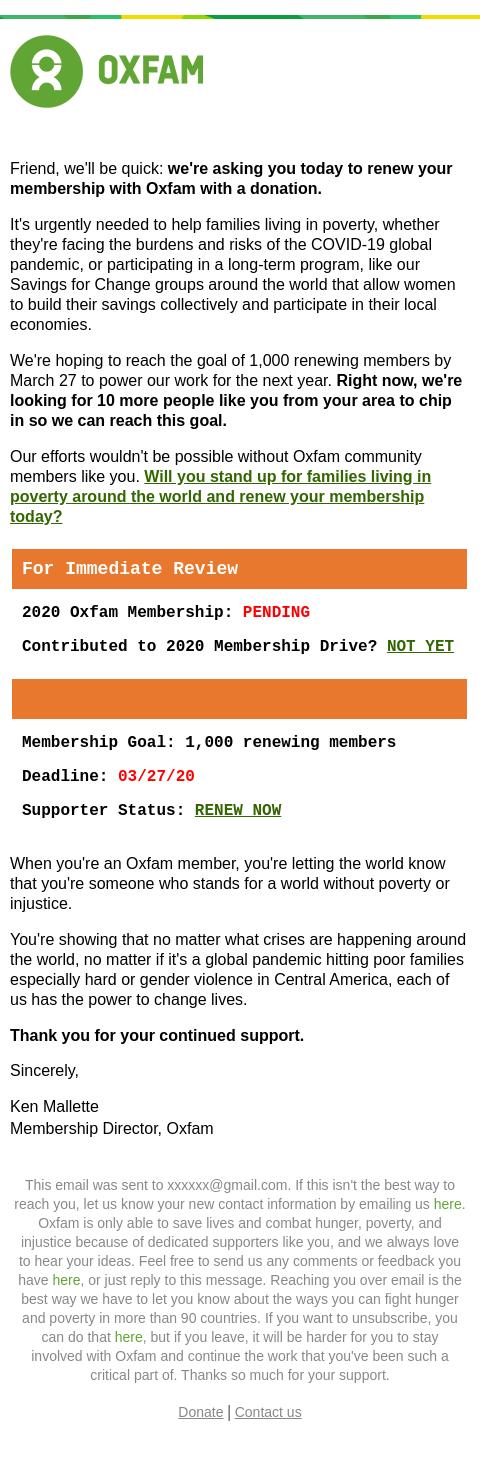 Screenshot of the email generated on import