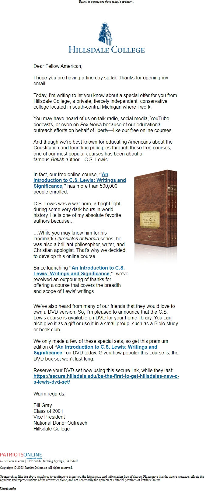 Screenshot of the email generated on import