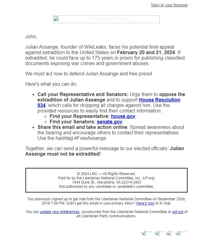 Screenshot of the email generated on import