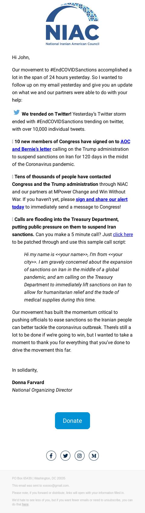 Screenshot of the email generated on import
