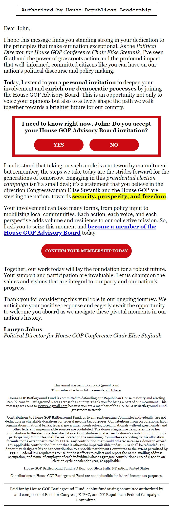 Screenshot of the email generated on import
