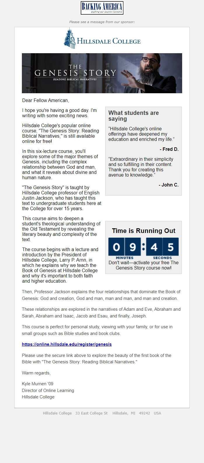 Screenshot of the email generated on import