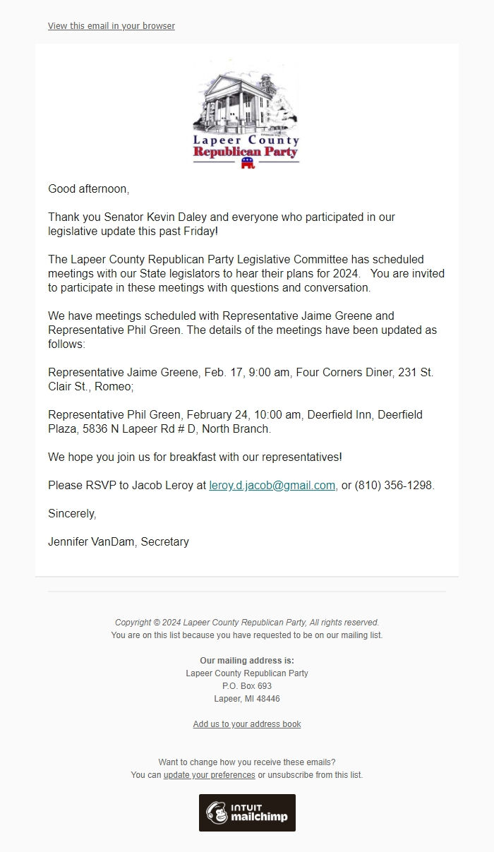 Screenshot of the email generated on import