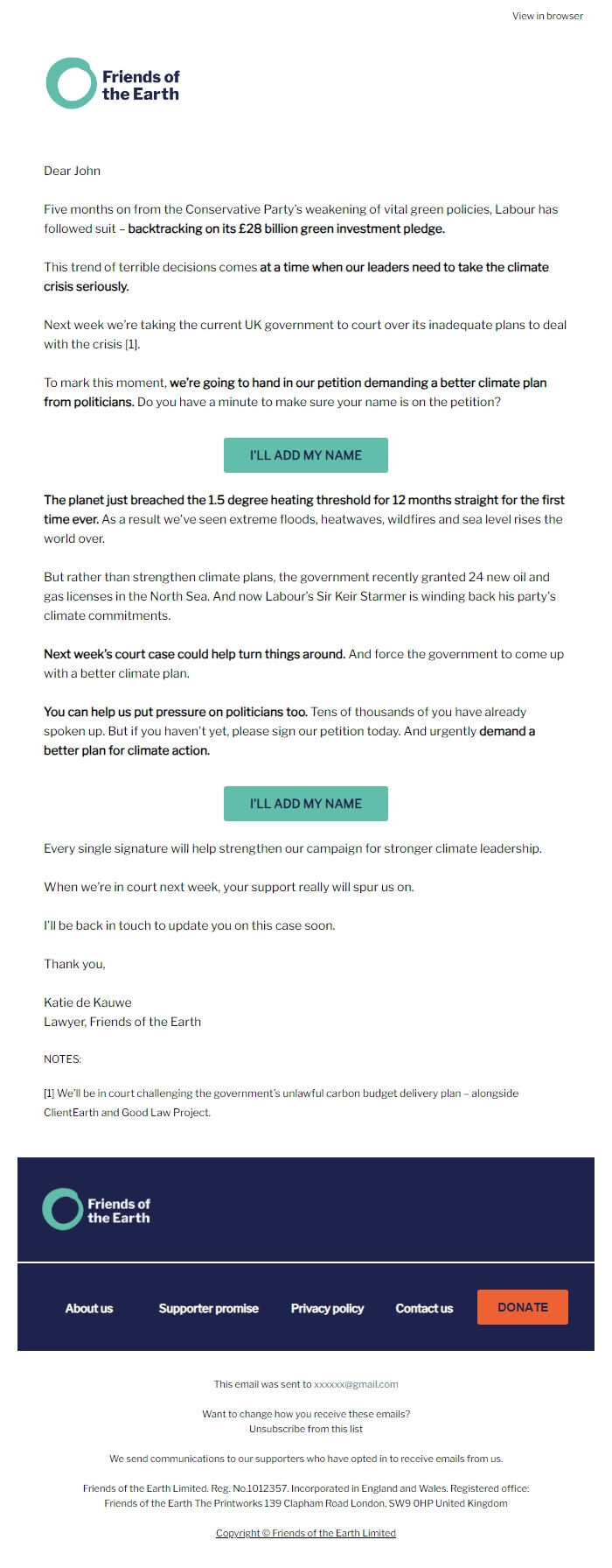 Screenshot of the email generated on import