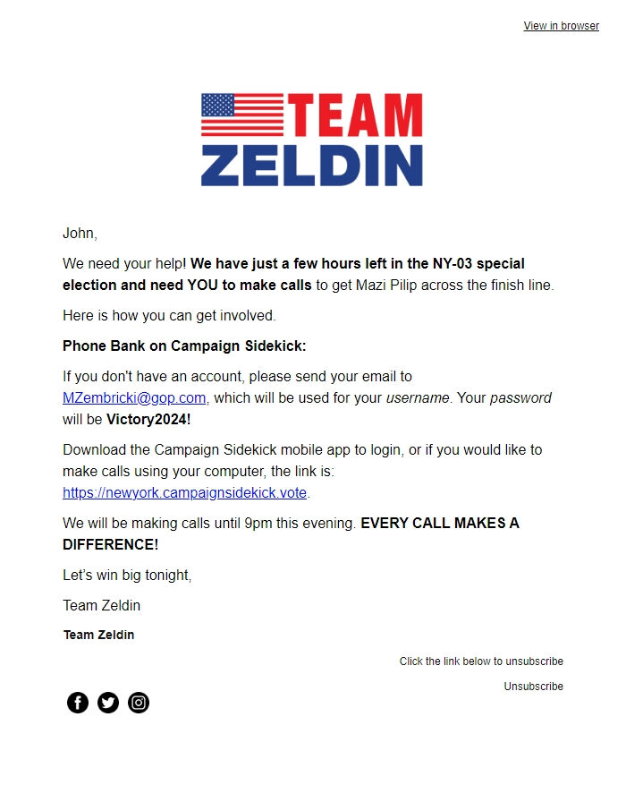 Screenshot of the email generated on import