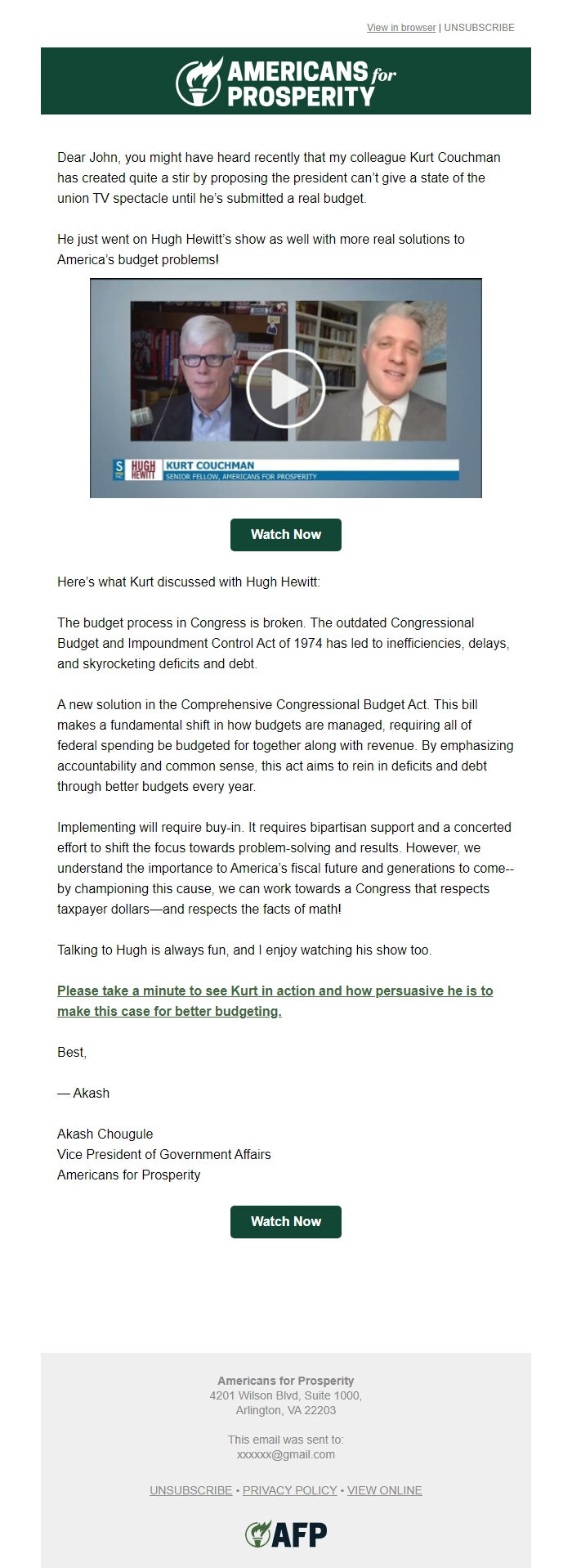 Screenshot of the email generated on import