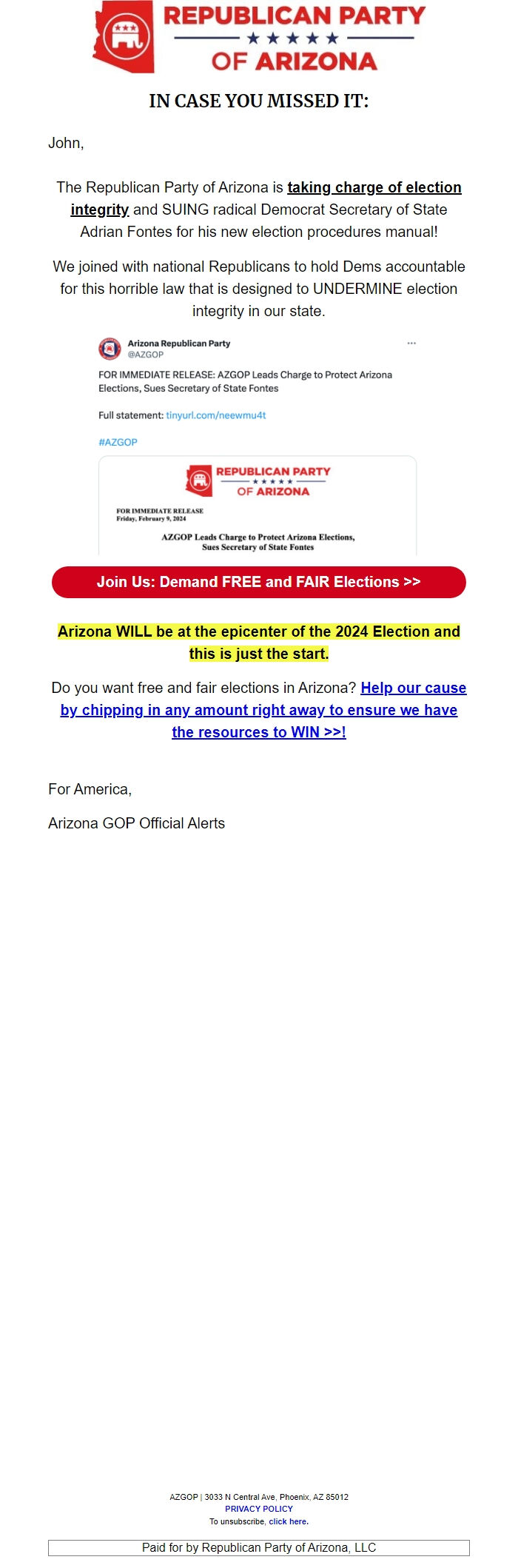 Screenshot of the email generated on import