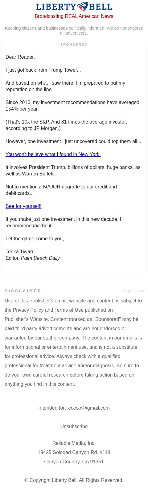 Screenshot of the email generated on import