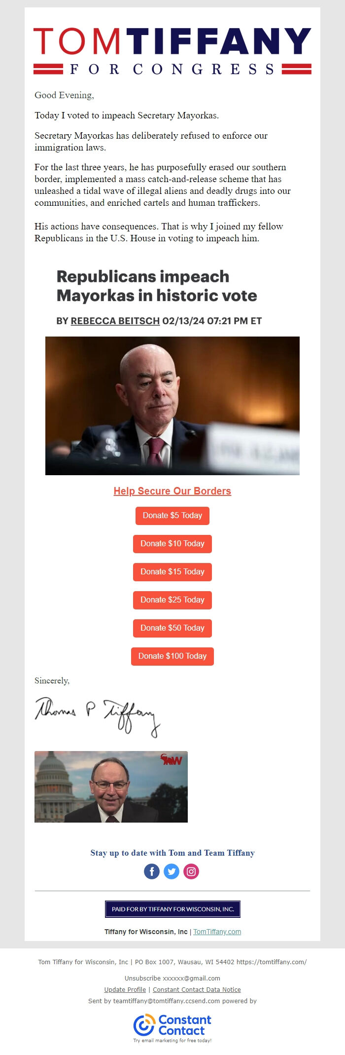 Screenshot of the email generated on import