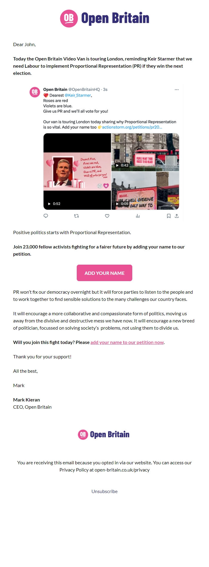 Screenshot of the email generated on import