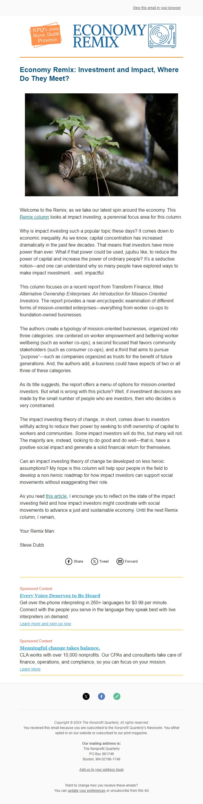 Screenshot of the email generated on import