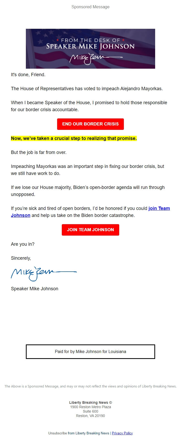 Screenshot of the email generated on import