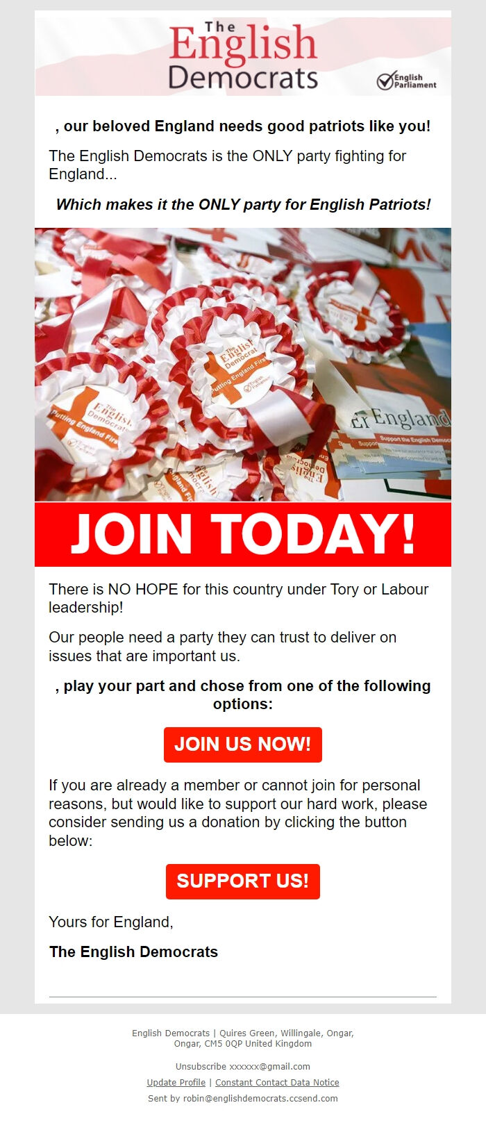 Screenshot of the email generated on import