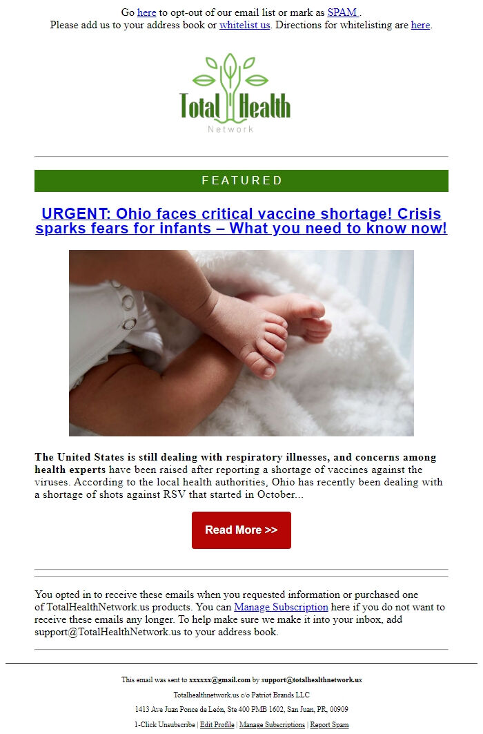 Screenshot of the email generated on import