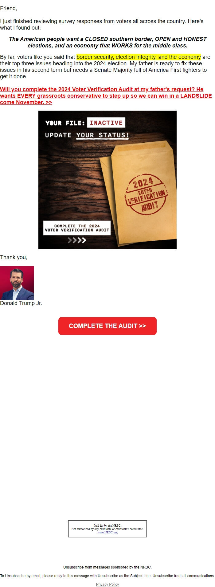 Screenshot of the email generated on import