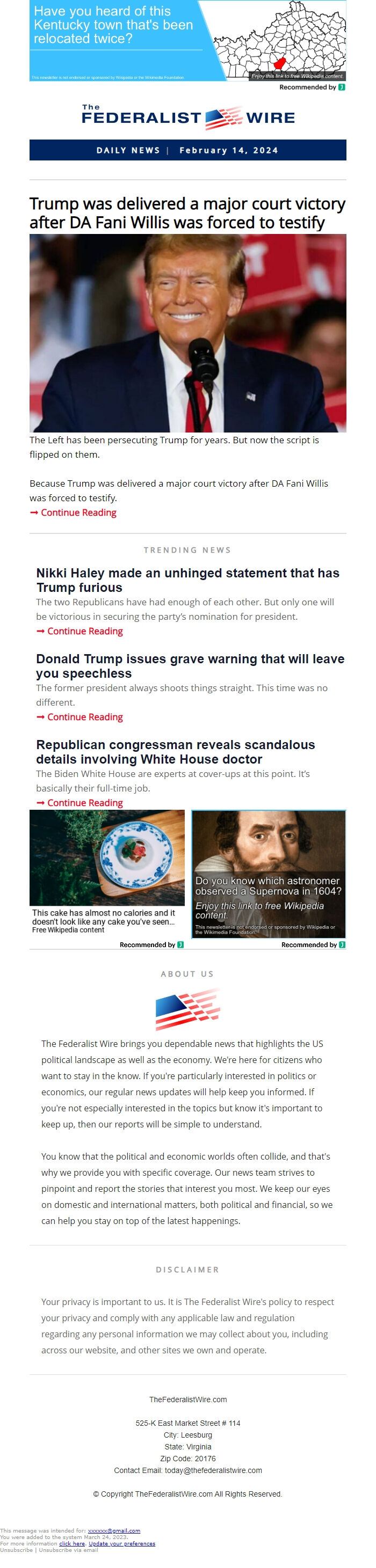 Screenshot of the email generated on import