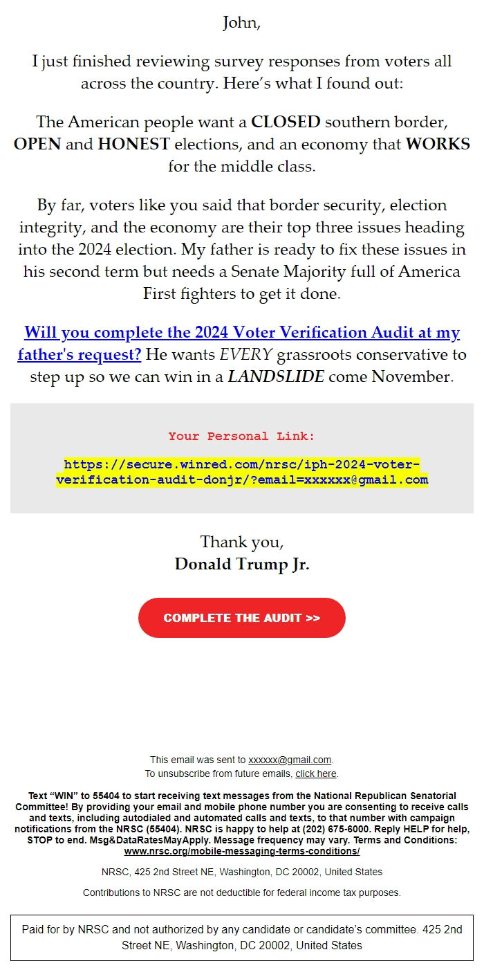 Screenshot of the email generated on import