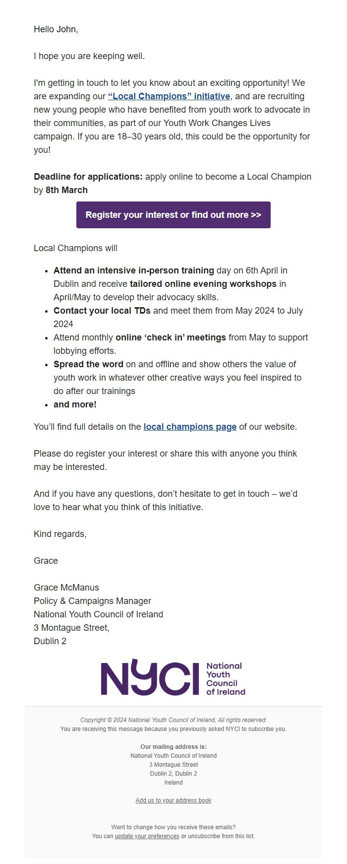 Screenshot of the email generated on import