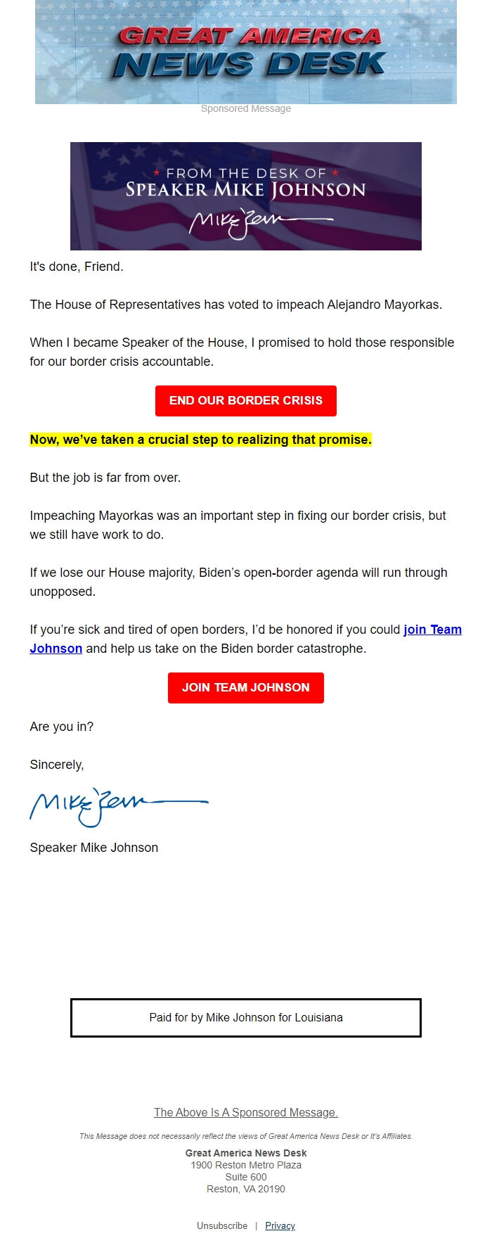 Screenshot of the email generated on import