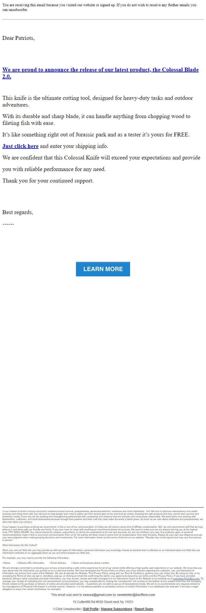 Screenshot of the email generated on import