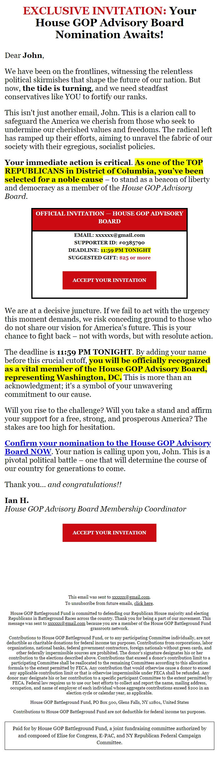 Screenshot of the email generated on import