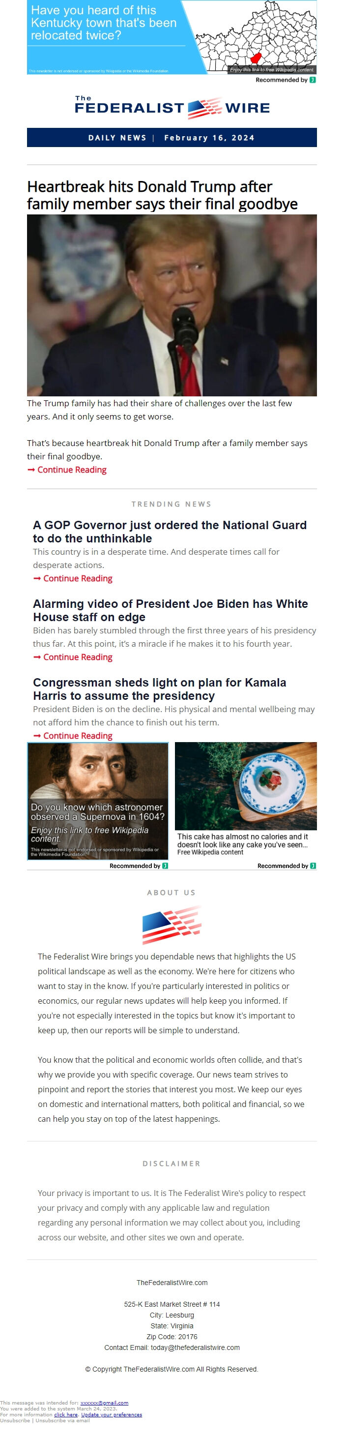 Screenshot of the email generated on import