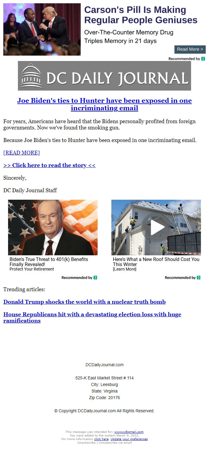 Screenshot of the email generated on import