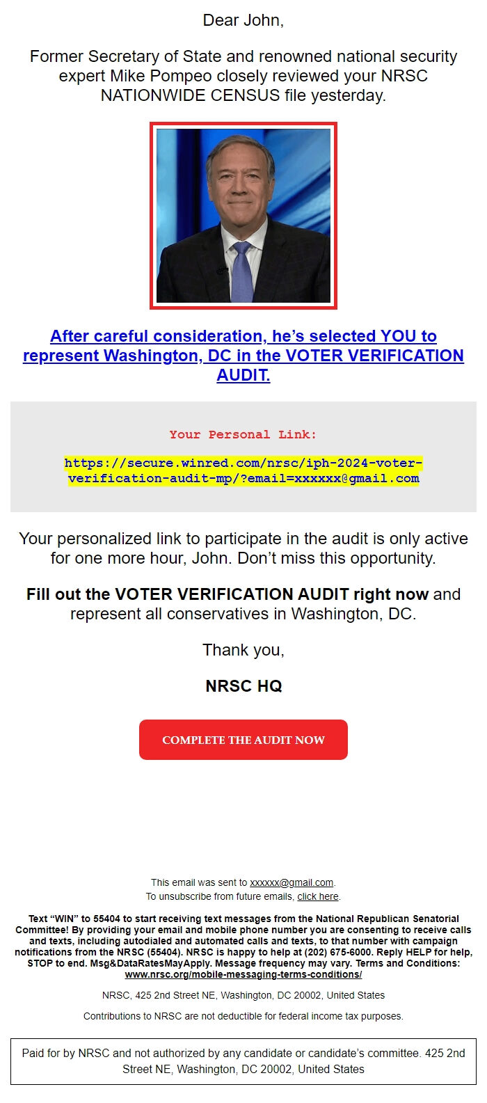 Screenshot of the email generated on import