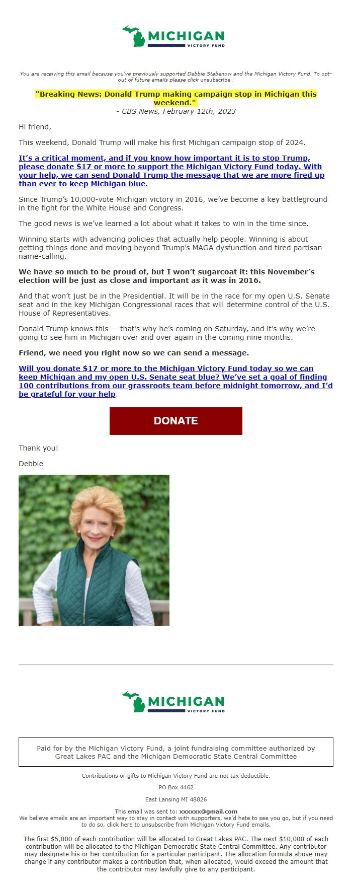 Screenshot of the email generated on import