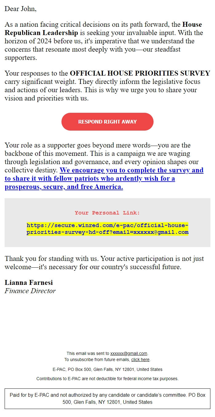 Screenshot of the email generated on import