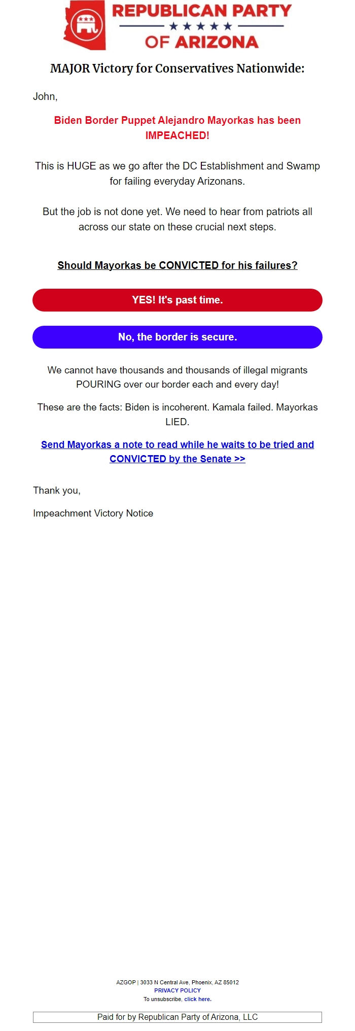 Screenshot of the email generated on import